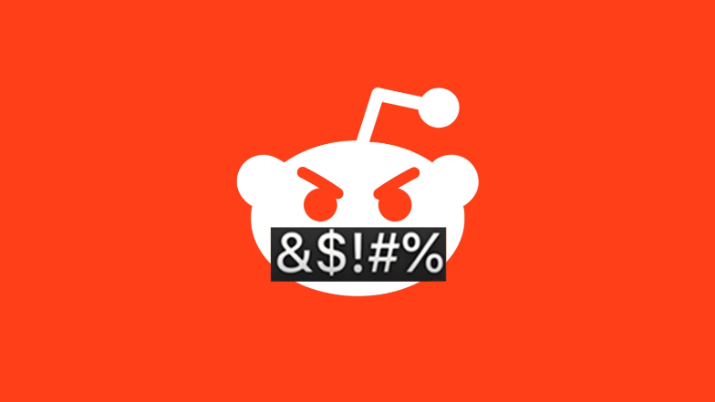 An angry Reddit mascot with its mouth censored, on an orange background